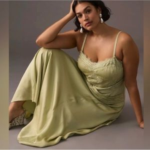 Anthropologie Green Silky Midi Dress